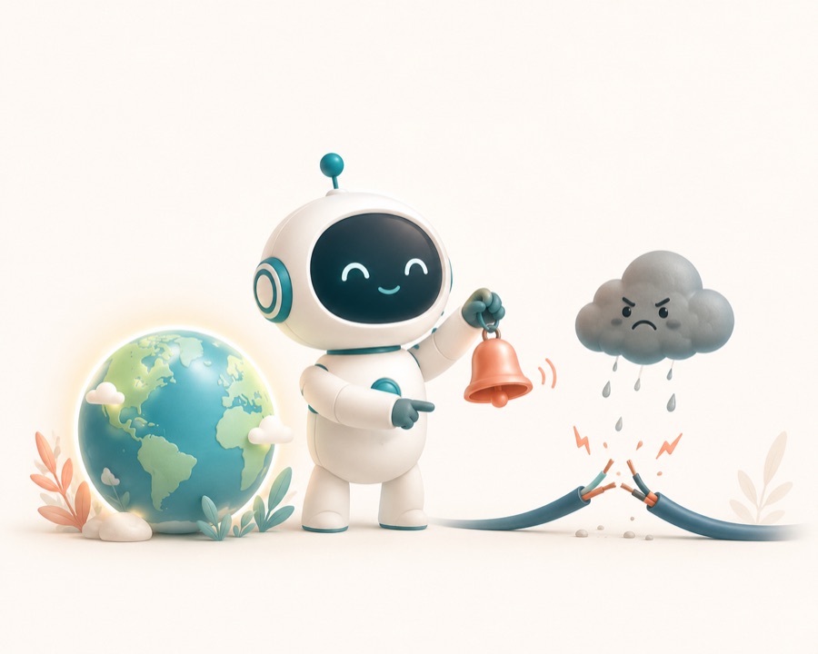 A robot ringing a bell and pointing at a storm cloud over a cut cable