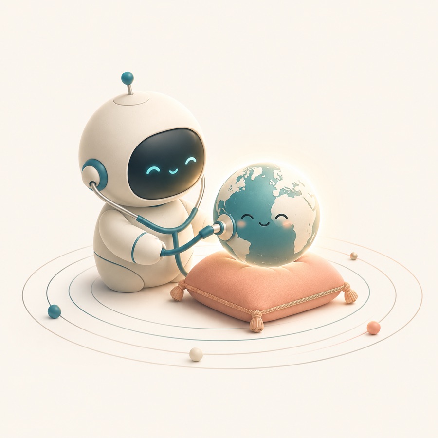 A robot doctor examining a glowing globe with rings around it
