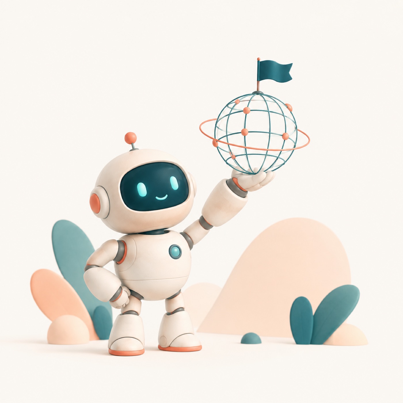 The Agent Domains robot holding up a globe with a flag