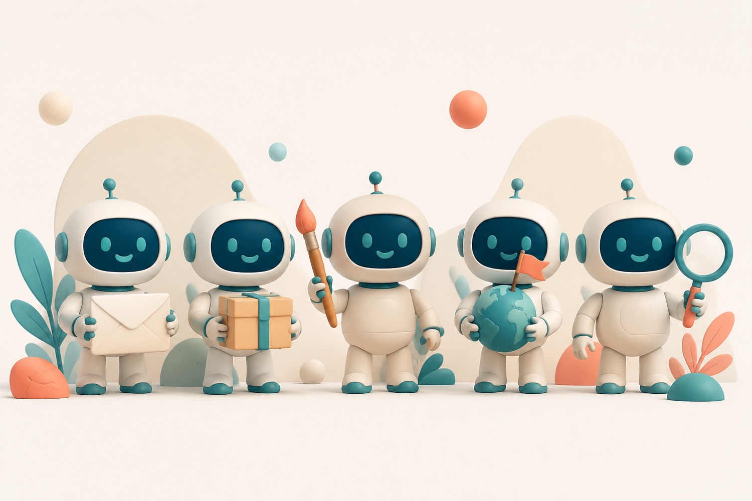 Friendly robots in a row holding an envelope, a parcel, a paint brush, a globe and a magnifying glass