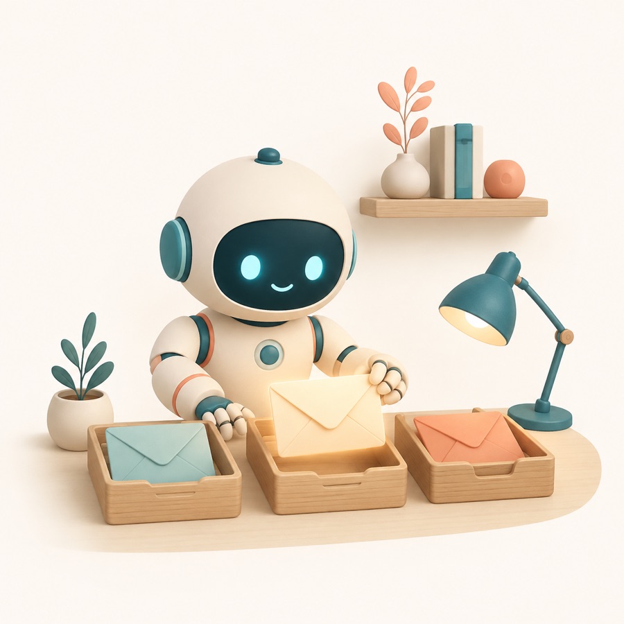 A friendly robot sorting envelopes into trays at a desk