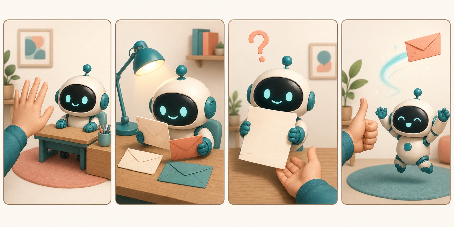 Four-panel comic: you ask the robot, it reads the mail, it shows you a draft, you approve and the mail flies away