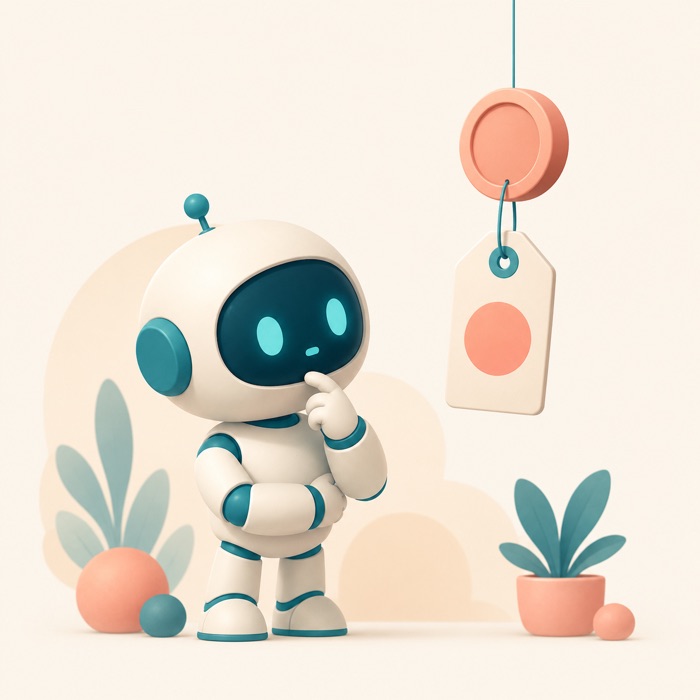 A robot looking thoughtfully at a price tag hanging from a coin