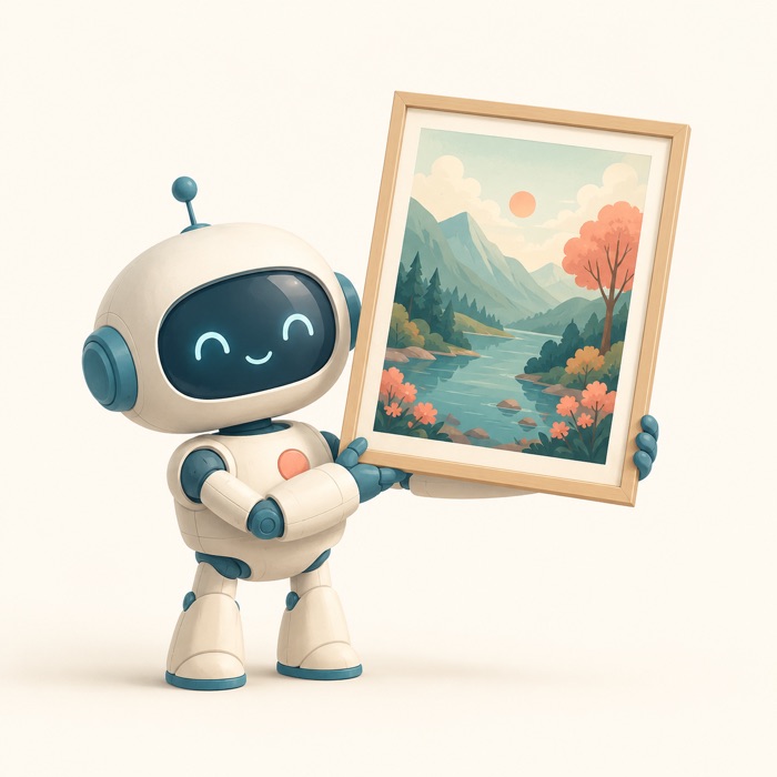 A robot proudly holding up a framed illustration