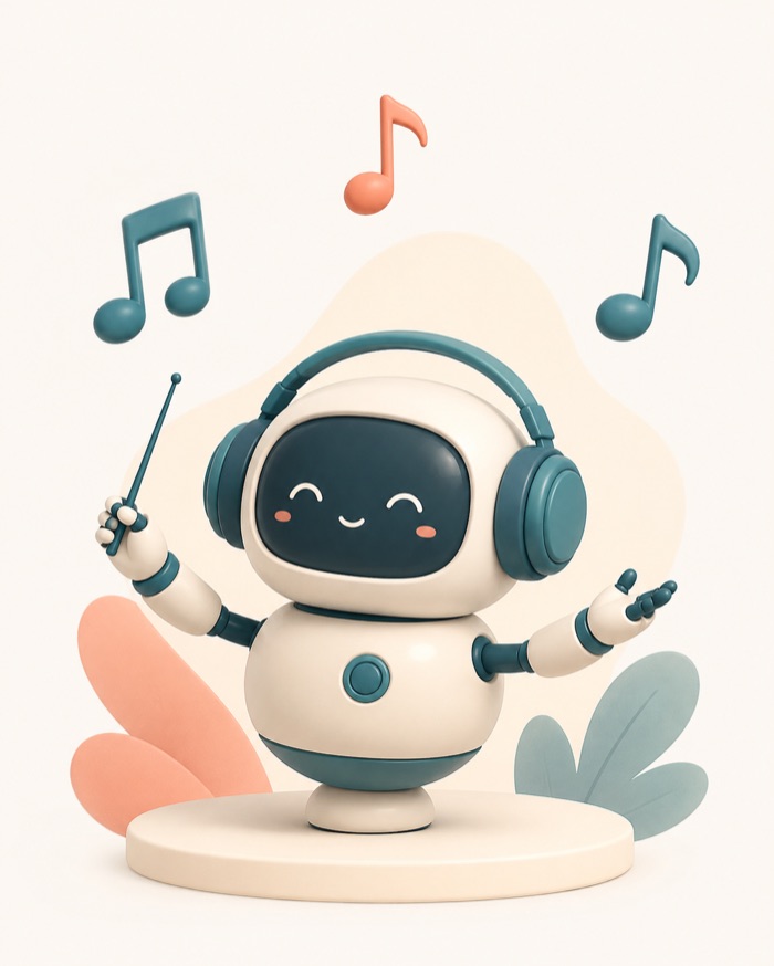 A robot with headphones conducting floating music notes