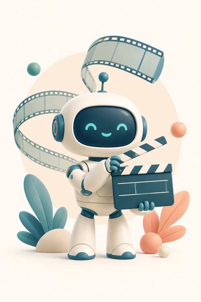 A robot holding a film clapperboard with a film strip behind it