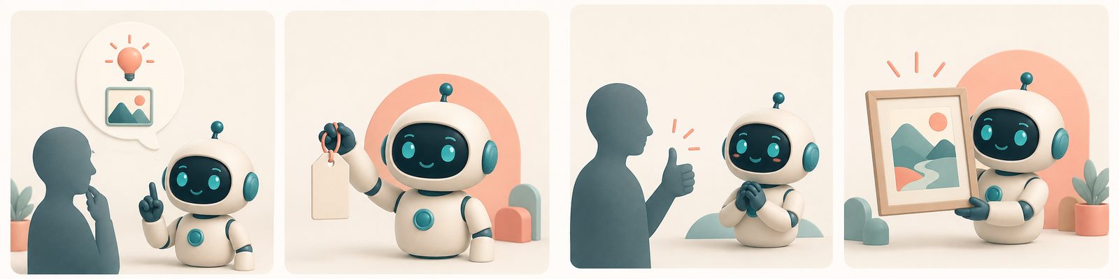 Four-panel comic: you share an idea, the robot shows a price tag, you give a thumbs up, the robot presents the finished framed artwork