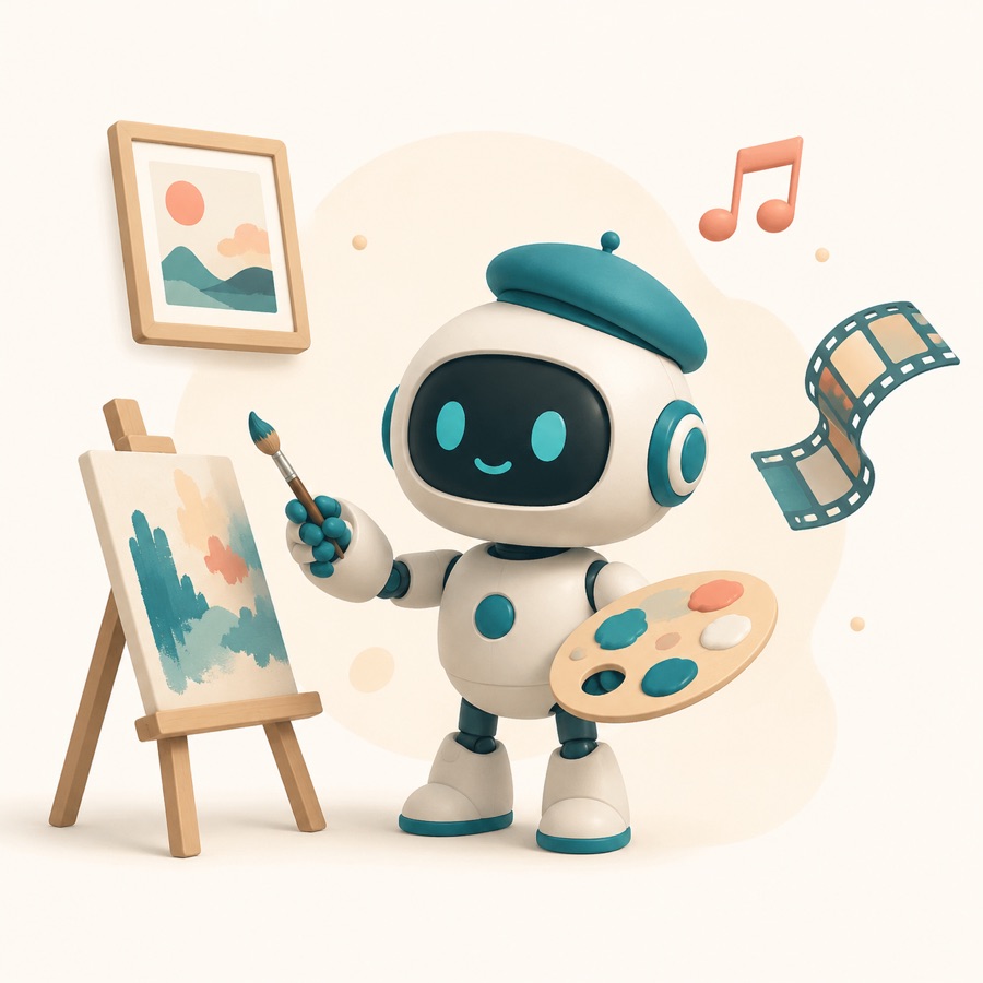 A friendly robot artist at an easel, surrounded by a framed picture, a music note and a film strip