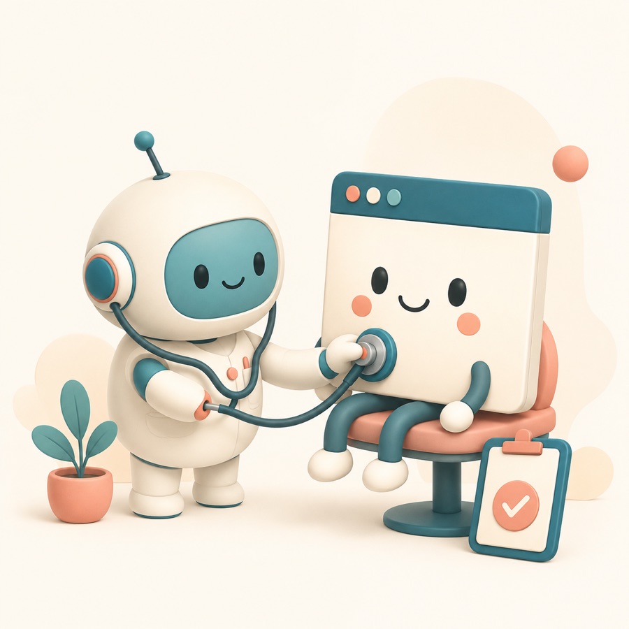 A robot doctor examining a happy browser window