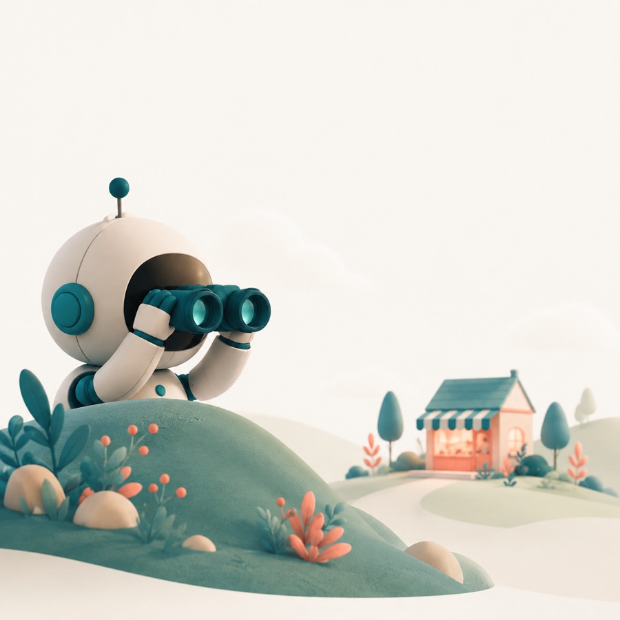 A robot looking through binoculars at a distant shop