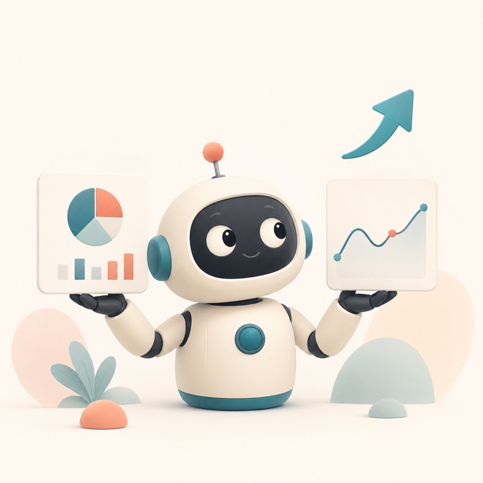 A robot comparing two chart cards, one with an up arrow