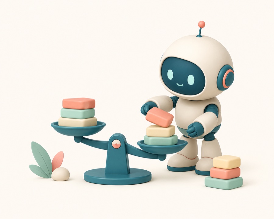 A robot sorting a pile of question cards