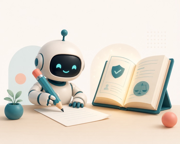 A robot writing with a big pencil beside an open rule book