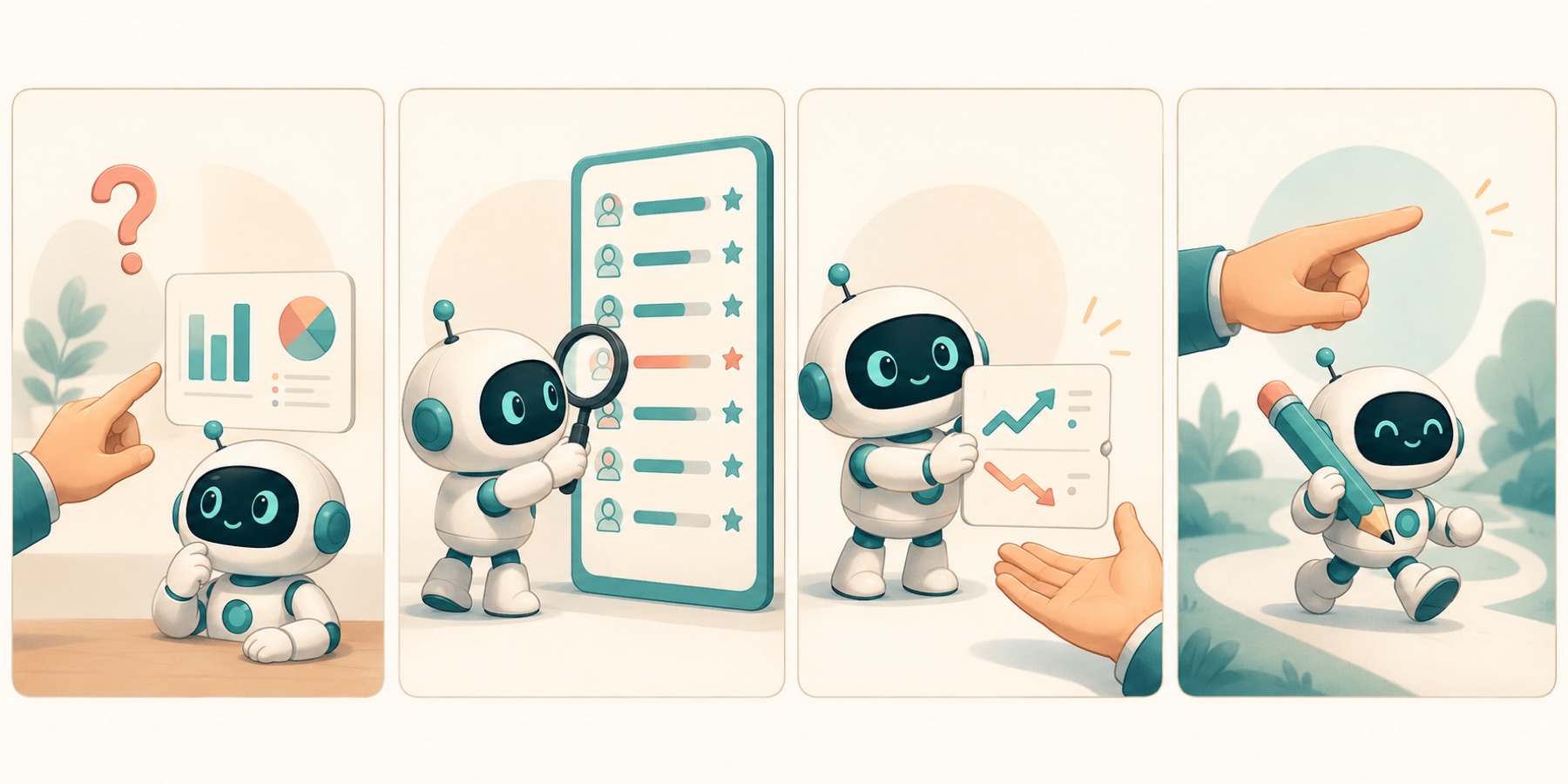 Four-panel comic: you ask about the chart, the robot inspects the leaderboard, reports with arrows, and marches off with a pencil after you point the way