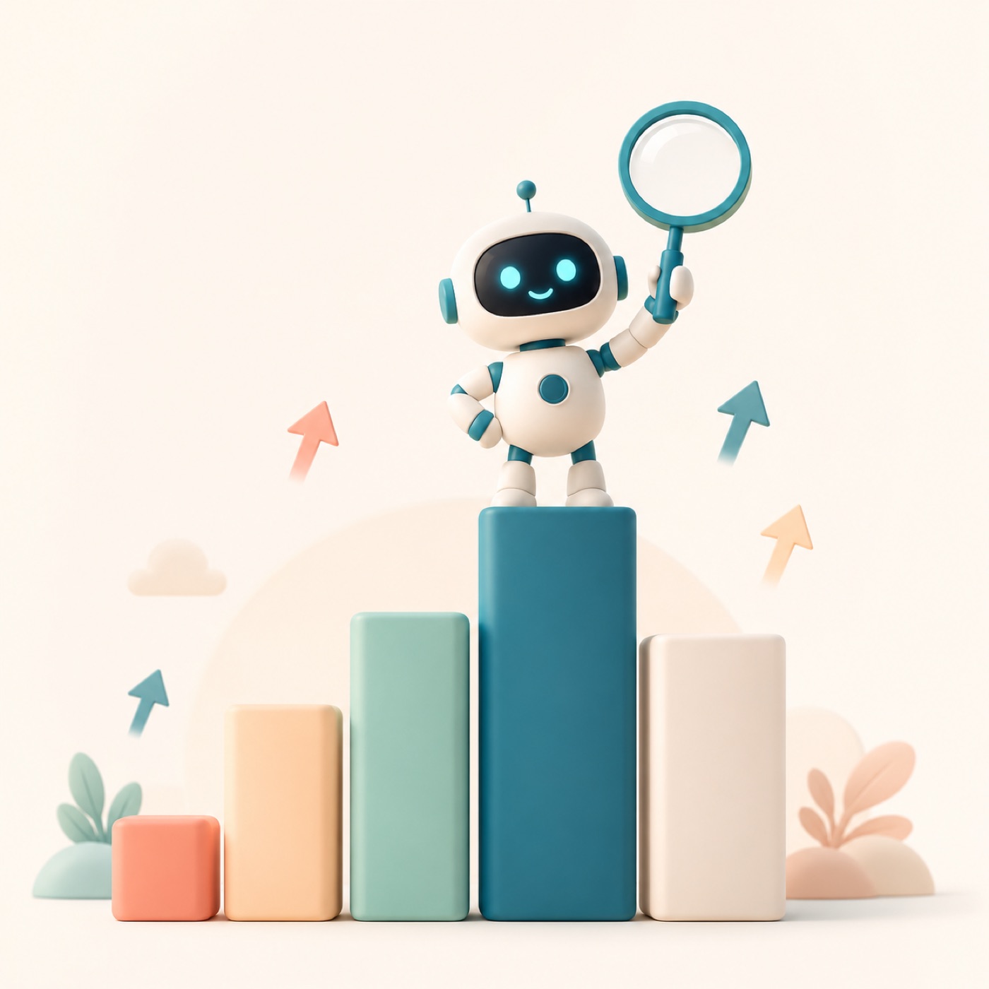 A friendly robot standing on a podium of bar-chart columns, holding a magnifying glass