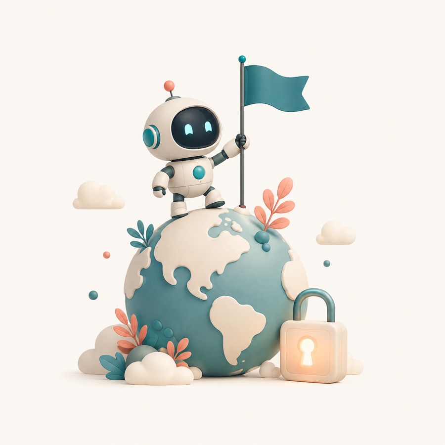 A robot planting a flag on a small globe next to a glowing padlock