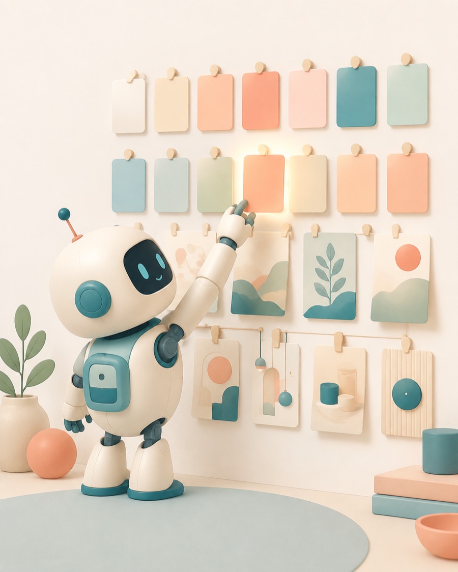 A robot picking a glowing style card from a wall of swatches