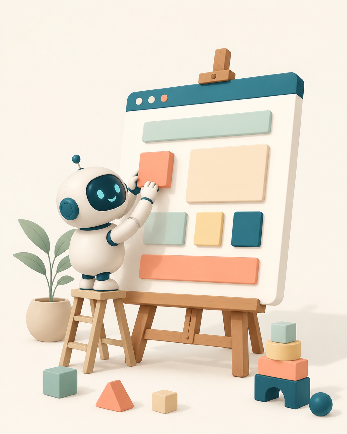 A friendly robot placing colorful blocks onto a browser window on an easel