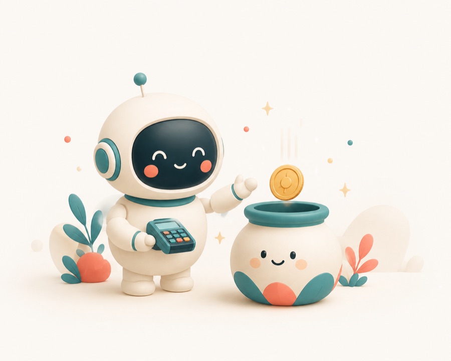 A robot with a card reader and a coin dropping into a jar