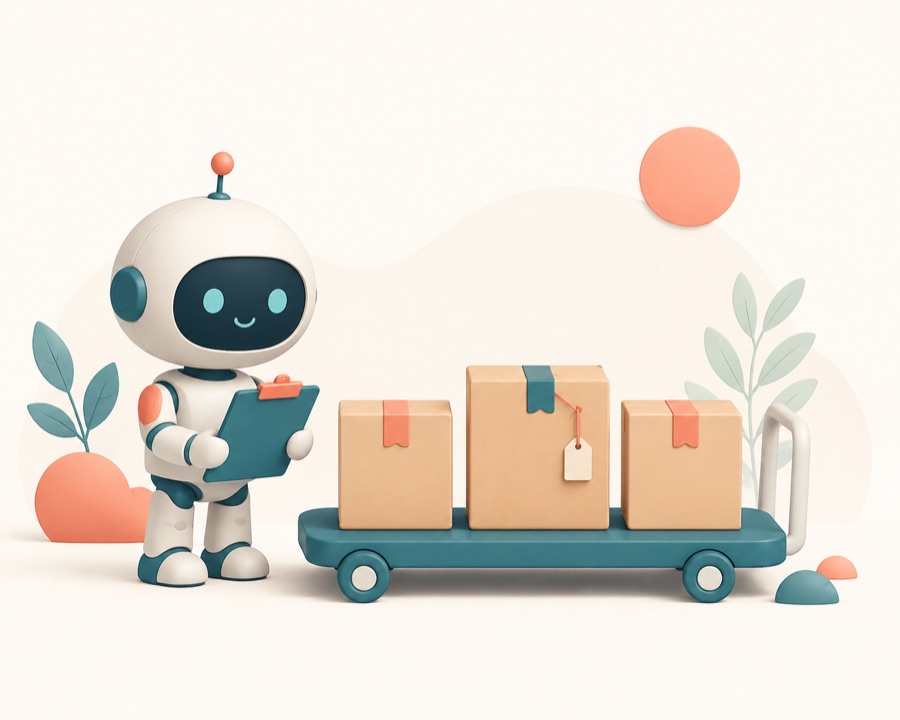 A robot checking parcels on a cart with a clipboard