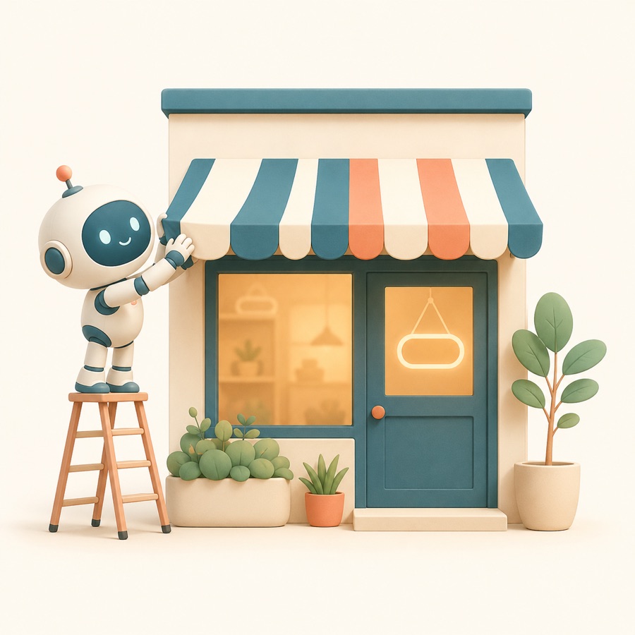 A robot hanging an awning over a tiny shop