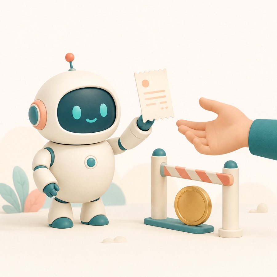 A robot showing a receipt while a coin waits behind a small gate