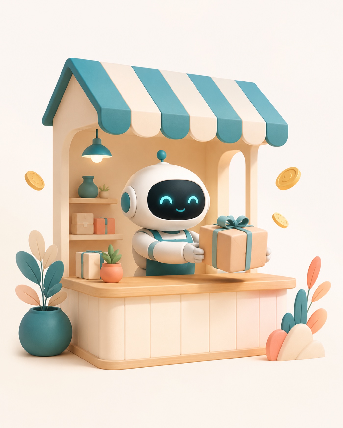 The Agent Storefront robot handing a parcel over its stall counter